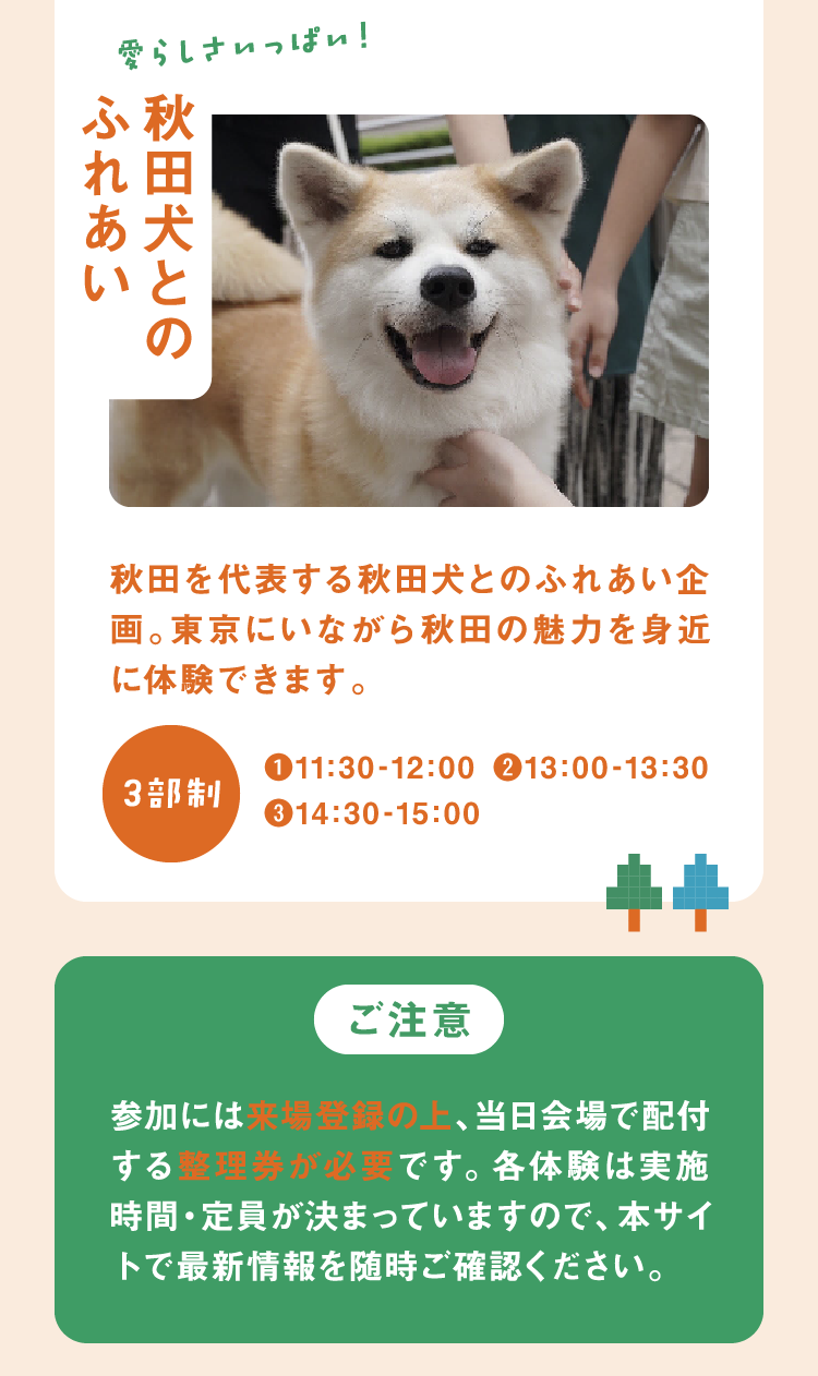 愛らしさいっぱい！　秋田犬とのふれあい　秋田を代表する秋田犬とのふれあい企画。東京にいながら秋田の魅力を身近に体験できます。　3部制　❶11:30-12:00　❷13:00-13:30　❸14:30-15:00　ご注意　参加には来場登録の上、当日会場で配付する整理券が必要です。各体験は実施時間・定員が決まっていますので、本サイトで最新情報を随時ご確認ください。