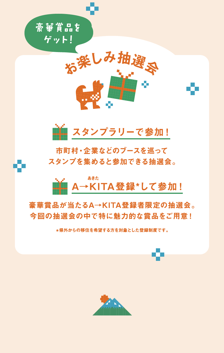 豪華賞品をゲット！お楽しみ抽選会　1.スタンプラリーで参加！ 2.A→KITA登録して参加！